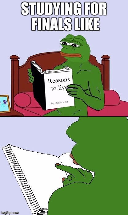 studying for finals | STUDYING FOR FINALS LIKE | image tagged in blank pepe reasons to live,finals,noreason | made w/ Imgflip meme maker