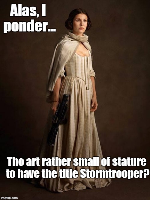 Tudor Leia :) | Alas, I ponder... Tho art rather small of stature to have the title Stormtrooper? | image tagged in princess leia,star wars | made w/ Imgflip meme maker