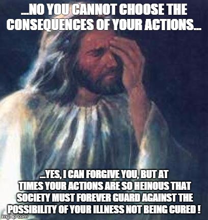 jesus facepalm | ...NO YOU CANNOT CHOOSE THE CONSEQUENCES OF YOUR ACTIONS... ...YES, I CAN FORGIVE YOU, BUT AT TIMES YOUR ACTIONS ARE SO HEINOUS THAT SOCIETY | image tagged in jesus facepalm | made w/ Imgflip meme maker
