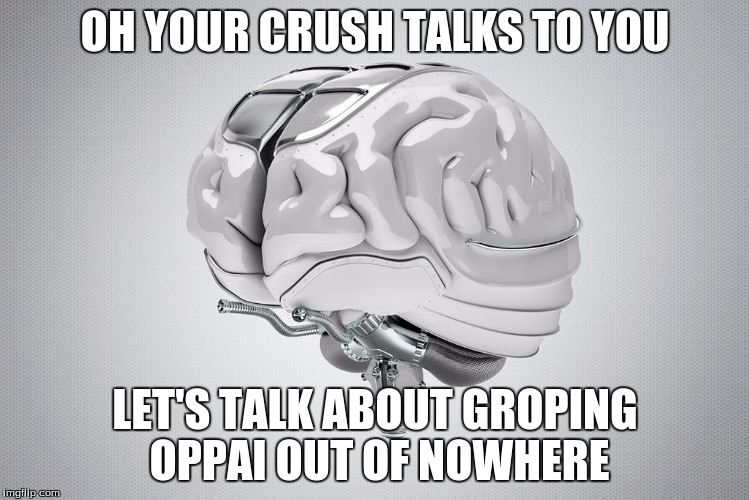Damn you brain for ruining my chances with my Crush | OH YOUR CRUSH TALKS TO YOU LET'S TALK ABOUT GROPING OPPAI OUT OF NOWHERE | image tagged in scumbag brain,crush,boner | made w/ Imgflip meme maker