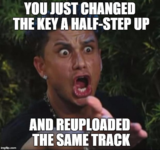 DJ Pauly D Meme | YOU JUST CHANGED THE KEY A HALF-STEP UP AND REUPLOADED THE SAME TRACK | image tagged in memes,dj pauly d | made w/ Imgflip meme maker
