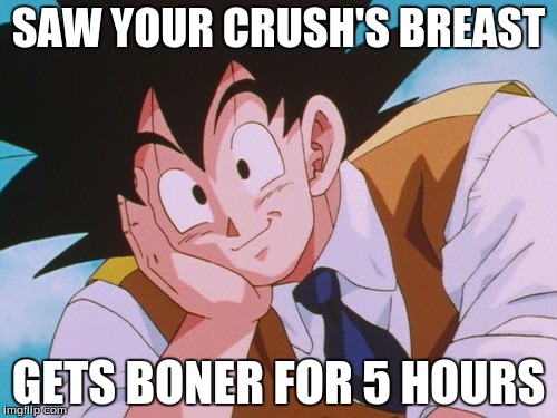 Condescending Goku | SAW YOUR CRUSH'S BREAST GETS BONER FOR 5 HOURS | image tagged in memes,condescending goku | made w/ Imgflip meme maker