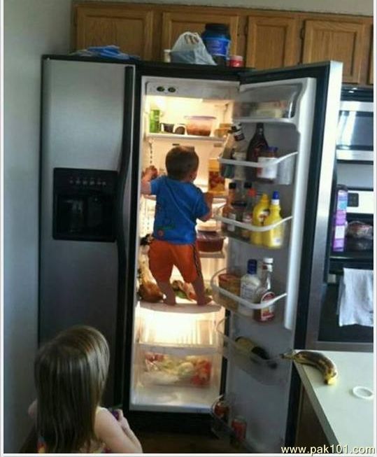 baby getting food from fridge Blank Meme Template