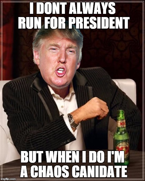 The Most Interesting Man In The World Meme | I DONT ALWAYS RUN FOR PRESIDENT BUT WHEN I DO I'M A CHAOS CANIDATE | image tagged in memes,the most interesting man in the world | made w/ Imgflip meme maker