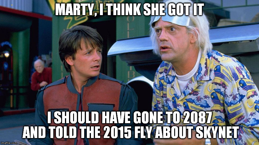 MARTY, I THINK SHE GOT IT I SHOULD HAVE GONE TO 2087 AND TOLD THE 2015 FLY ABOUT SKYNET | made w/ Imgflip meme maker