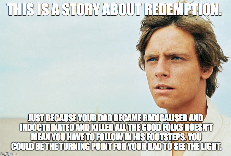 Luke Skywalker's story | THIS IS A STORY ABOUT REDEMPTION. JUST BECAUSE YOUR DAD BECAME RADICALISED AND INDOCTRINATED AND KILLED ALL THE GOOD FOLKS DOESN'T MEAN YOU  | image tagged in luke skywalker,luke skywalker and darth vader,star wars | made w/ Imgflip meme maker