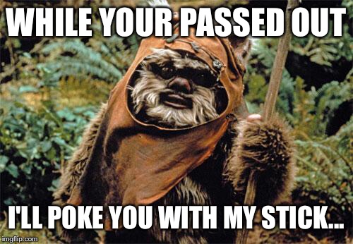 Ewok | WHILE YOUR PASSED OUT I'LL POKE YOU WITH MY STICK... | image tagged in ewok | made w/ Imgflip meme maker