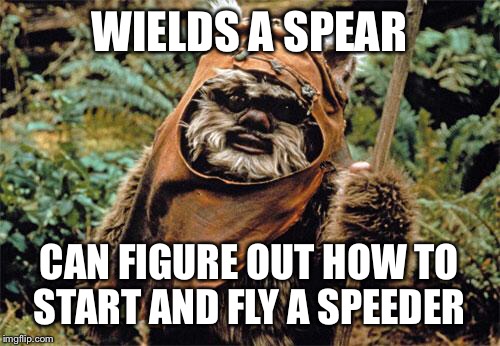 Ewok | WIELDS A SPEAR CAN FIGURE OUT HOW TO START AND FLY A SPEEDER | image tagged in ewok | made w/ Imgflip meme maker