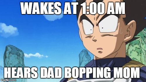Surprized Vegeta | WAKES AT 1:00 AM HEARS DAD BOPPING MOM | image tagged in memes,surprized vegeta | made w/ Imgflip meme maker