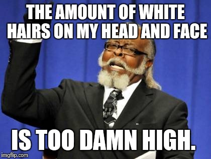 Too Damn High Meme | THE AMOUNT OF WHITE HAIRS ON MY HEAD AND FACE IS TOO DAMN HIGH. | image tagged in memes,too damn high | made w/ Imgflip meme maker