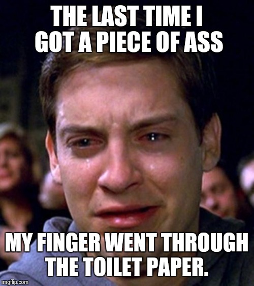 crying peter parker | THE LAST TIME I GOT A PIECE OF ASS MY FINGER WENT THROUGH THE TOILET PAPER. | image tagged in crying peter parker | made w/ Imgflip meme maker