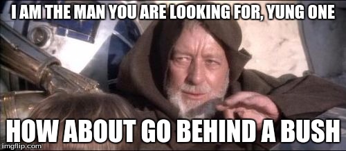 These Aren't The Droids You Were Looking For Meme | I AM THE MAN YOU ARE LOOKING FOR, YUNG ONE HOW ABOUT GO BEHIND A BUSH | image tagged in memes,these arent the droids you were looking for | made w/ Imgflip meme maker