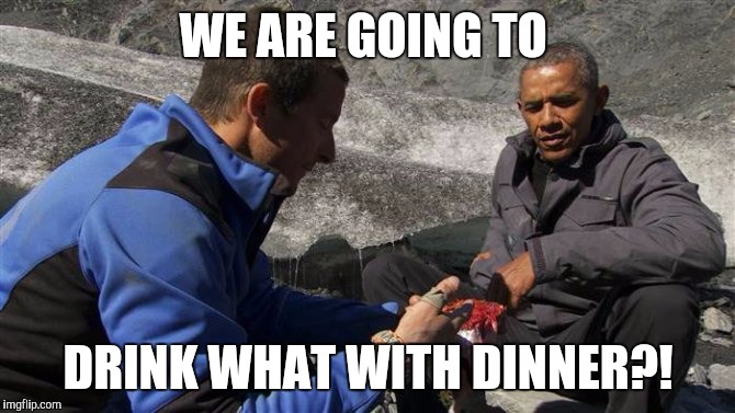 Saw this gem last night | WE ARE GOING TO DRINK WHAT WITH DINNER?! | image tagged in obama,bear,piss | made w/ Imgflip meme maker