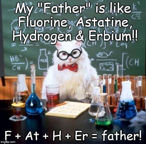 Chemistry Cat | My "Father" is like Fluorine, Astatine, Hydrogen & Erbium!! F + At + H + Er = father! | image tagged in memes,chemistry cat,father,fluorine,hydrogen,astatine | made w/ Imgflip meme maker