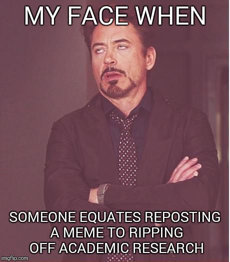 Face You Make Robert Downey Jr Meme | MY FACE WHEN SOMEONE EQUATES REPOSTING A MEME TO RIPPING OFF ACADEMIC RESEARCH | image tagged in memes,face you make robert downey jr | made w/ Imgflip meme maker