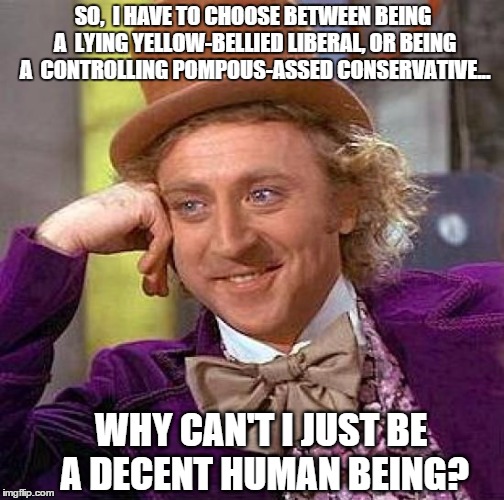 when you fall somewhere in the middle | SO,  I HAVE TO CHOOSE BETWEEN BEING A  LYING YELLOW-BELLIED LIBERAL, OR BEING A  CONTROLLING POMPOUS-ASSED CONSERVATIVE... WHY CAN'T I JUST  | image tagged in memes,creepy condescending wonka,liberal vs conservative | made w/ Imgflip meme maker