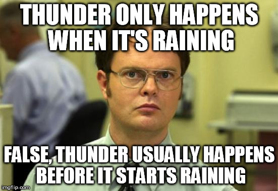 Dwight Schrute | THUNDER ONLY HAPPENS WHEN IT'S RAINING FALSE, THUNDER USUALLY HAPPENS BEFORE IT STARTS RAINING | image tagged in memes,dwight schrute | made w/ Imgflip meme maker