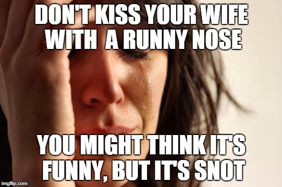 First World Problems Meme | DON'T KISS YOUR WIFE WITH  A RUNNY NOSE YOU MIGHT THINK IT'S FUNNY, BUT IT'S SNOT | image tagged in memes,first world problems | made w/ Imgflip meme maker