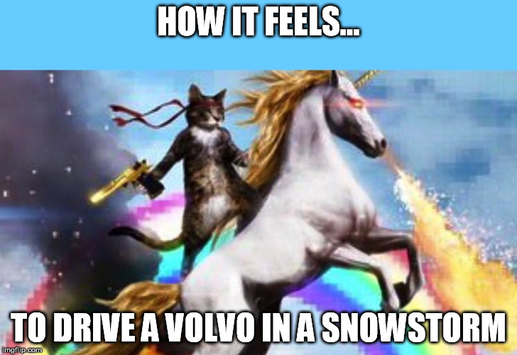 Cat unicorn | HOW IT FEELS... TO DRIVE A VOLVO IN A SNOWSTORM | image tagged in cat unicorn | made w/ Imgflip meme maker