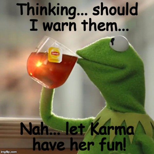 But That's None Of My Business Meme | Thinking... should I warn them... Nah... let Karma have her fun! | image tagged in memes,but thats none of my business,kermit the frog | made w/ Imgflip meme maker