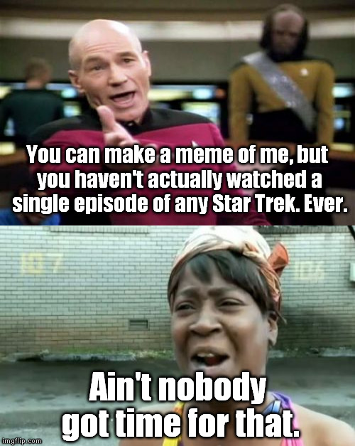 Ain't Nobody got time for Star Trek | You can make a meme of me, but you haven't actually watched a single episode of any Star Trek. Ever. Ain't nobody got time for that. | image tagged in picard wtf,sweet brown,aint nobody got time for that,star trek,star trek tng | made w/ Imgflip meme maker
