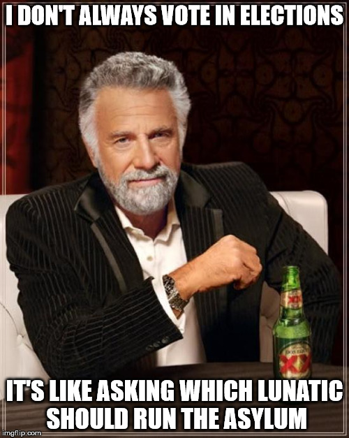 The Most Interesting Man In The World | I DON'T ALWAYS VOTE IN ELECTIONS IT'S LIKE ASKING WHICH LUNATIC SHOULD RUN THE ASYLUM | image tagged in memes,the most interesting man in the world | made w/ Imgflip meme maker
