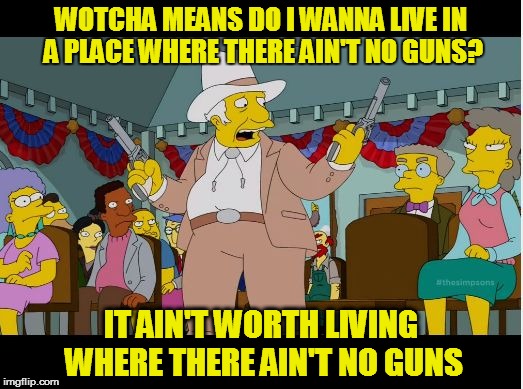 WOTCHA MEANS DO I WANNA LIVE IN A PLACE WHERE THERE AIN'T NO GUNS? IT AIN'T WORTH LIVING WHERE THERE AIN'T NO GUNS | image tagged in guns | made w/ Imgflip meme maker