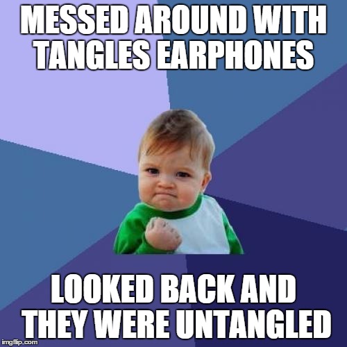 Success Kid | MESSED AROUND WITH TANGLES EARPHONES LOOKED BACK AND THEY WERE UNTANGLED | image tagged in memes,success kid | made w/ Imgflip meme maker