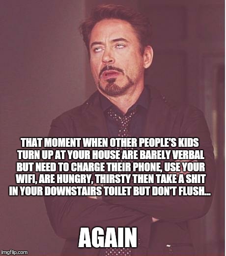 Face You Make Robert Downey Jr | THAT MOMENT WHEN OTHER PEOPLE'S KIDS TURN UP AT YOUR HOUSE ARE BARELY VERBAL BUT NEED TO CHARGE THEIR PHONE, USE YOUR WIFI, ARE HUNGRY, THIR | image tagged in memes,face you make robert downey jr | made w/ Imgflip meme maker