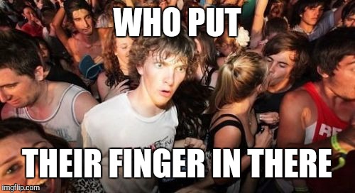 Sudden Clarity Clarence Meme | WHO PUT THEIR FINGER IN THERE | image tagged in memes,sudden clarity clarence | made w/ Imgflip meme maker