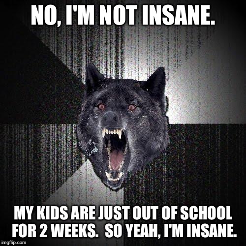 Insanity Wolf | NO, I'M NOT INSANE. MY KIDS ARE JUST OUT OF SCHOOL FOR 2 WEEKS.  SO YEAH, I'M INSANE. | image tagged in memes,insanity wolf | made w/ Imgflip meme maker