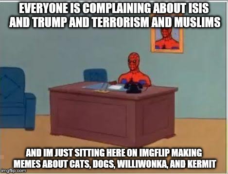 Imgflip... | EVERYONE IS COMPLAINING ABOUT ISIS AND TRUMP AND TERRORISM AND MUSLIMS AND IM JUST SITTING HERE ON IMGFLIP MAKING MEMES ABOUT CATS, DOGS, WI | image tagged in memes,spiderman computer desk,spiderman | made w/ Imgflip meme maker