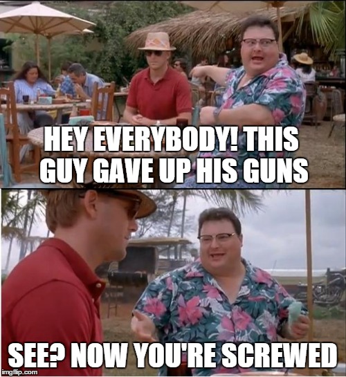 HEY EVERYBODY! THIS GUY GAVE UP HIS GUNS SEE? NOW YOU'RE SCREWED | image tagged in meme,see nobody cares,memes | made w/ Imgflip meme maker