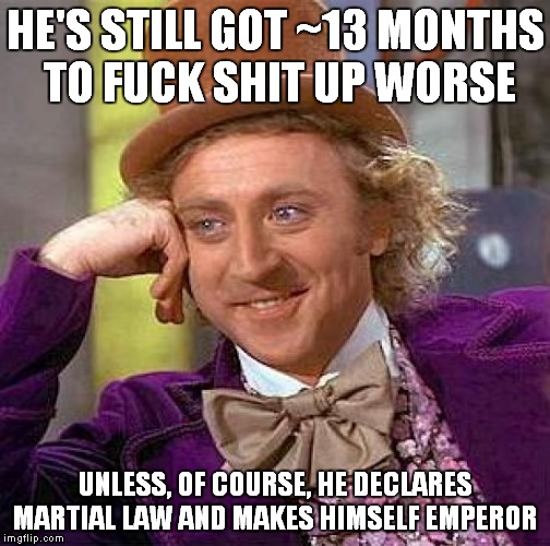 Creepy Condescending Wonka Meme | HE'S STILL GOT ~13 MONTHS TO F**K SHIT UP WORSE UNLESS, OF COURSE, HE DECLARES MARTIAL LAW AND MAKES HIMSELF EMPEROR | image tagged in memes,creepy condescending wonka | made w/ Imgflip meme maker