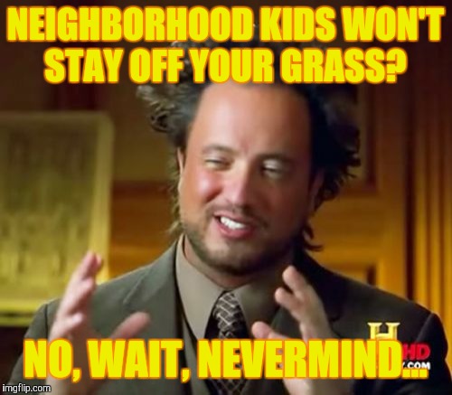 Ancient Aliens Meme | NEIGHBORHOOD KIDS WON'T STAY OFF YOUR GRASS? NO, WAIT, NEVERMIND... | image tagged in memes,ancient aliens | made w/ Imgflip meme maker
