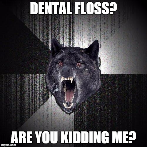 Insanity Wolf Meme | DENTAL FLOSS? ARE YOU KIDDING ME? | image tagged in memes,insanity wolf | made w/ Imgflip meme maker