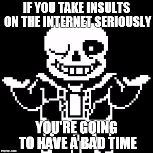 Sans | IF YOU TAKE INSULTS ON THE INTERNET SERIOUSLY YOU'RE GOING TO HAVE A BAD TIME | image tagged in sans | made w/ Imgflip meme maker
