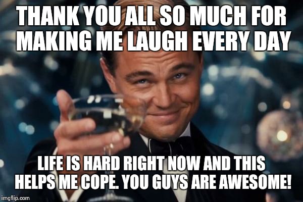 Leonardo Dicaprio Cheers Meme | THANK YOU ALL SO MUCH FOR MAKING ME LAUGH EVERY DAY LIFE IS HARD RIGHT NOW AND THIS HELPS ME COPE. YOU GUYS ARE AWESOME! | image tagged in memes,leonardo dicaprio cheers | made w/ Imgflip meme maker