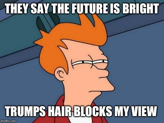 Tooting my own trump-debt | THEY SAY THE FUTURE IS BRIGHT TRUMPS HAIR BLOCKS MY VIEW | image tagged in memes,futurama fry,donald trump,tooting my own trump-debt,the cow guy | made w/ Imgflip meme maker