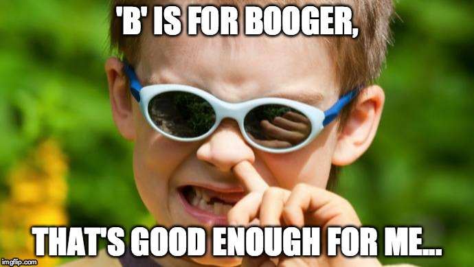 Booger Monster | 'B' IS FOR BOOGER, THAT'S GOOD ENOUGH FOR ME... | image tagged in gross kid,face of an angle,nasty,sesame street | made w/ Imgflip meme maker