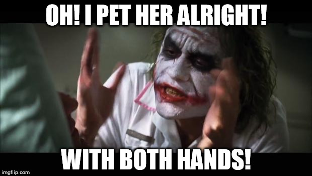 And everybody loses their minds Meme | OH! I PET HER ALRIGHT! WITH BOTH HANDS! | image tagged in memes,and everybody loses their minds | made w/ Imgflip meme maker