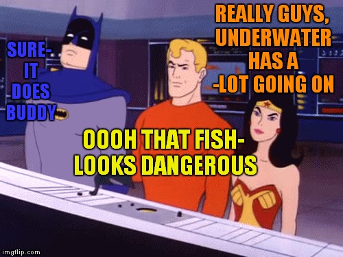 Under the sea! | REALLY GUYS, UNDERWATER HAS A -LOT GOING ON SURE- IT DOES BUDDY OOOH THAT FISH- LOOKS DANGEROUS | image tagged in batman,aquaman,wonder woman,really,funny | made w/ Imgflip meme maker
