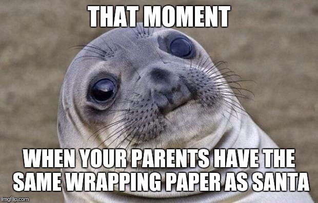 Hmm... | THAT MOMENT WHEN YOUR PARENTS HAVE THE SAME WRAPPING PAPER AS SANTA | image tagged in memes,funny,awkward moment sealion,christmas | made w/ Imgflip meme maker