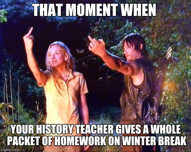 The Walking Dead | THAT MOMENT WHEN YOUR HISTORY TEACHER GIVES A WHOLE PACKET OF HOMEWORK ON WINTER BREAK | image tagged in the walking dead | made w/ Imgflip meme maker