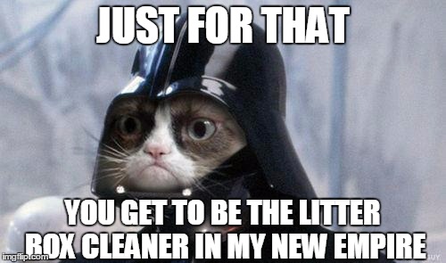 Grumpy Cat Star Wars | JUST FOR THAT YOU GET TO BE THE LITTER BOX CLEANER IN MY NEW EMPIRE | image tagged in memes,grumpy cat star wars,grumpy cat | made w/ Imgflip meme maker