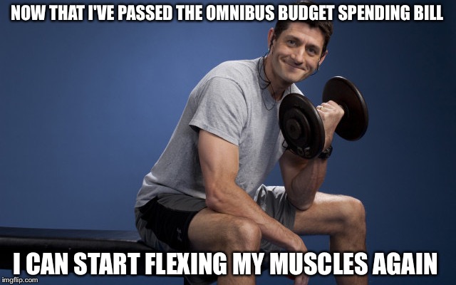 Paul Ryan Lifting | NOW THAT I'VE PASSED THE OMNIBUS BUDGET SPENDING BILL I CAN START FLEXING MY MUSCLES AGAIN | image tagged in budget,bill,obama,democrats,republicans,paul ryan,PoliticalHumor | made w/ Imgflip meme maker