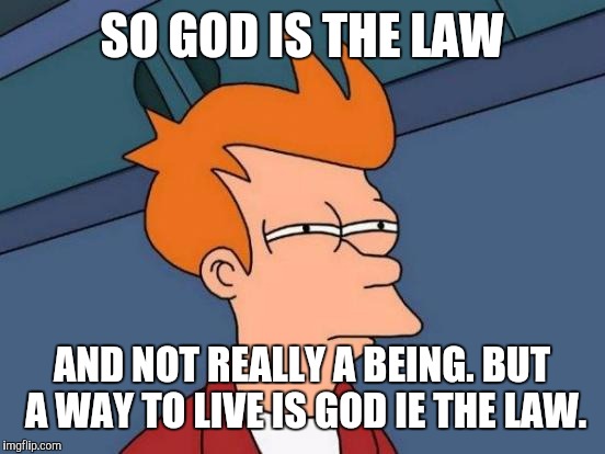 Futurama Fry Meme | SO GOD IS THE LAW AND NOT REALLY A BEING. BUT A WAY TO LIVE IS GOD IE THE LAW. | image tagged in memes,futurama fry | made w/ Imgflip meme maker