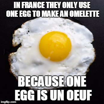 Eggs | IN FRANCE THEY ONLY USE ONE EGG TO MAKE AN OMELETTE BECAUSE ONE EGG IS UN OEUF | image tagged in eggs | made w/ Imgflip meme maker