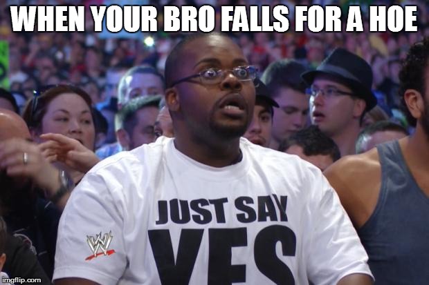 Shocked WWE Fan | WHEN YOUR BRO FALLS FOR A HOE | image tagged in shocked wwe fan | made w/ Imgflip meme maker