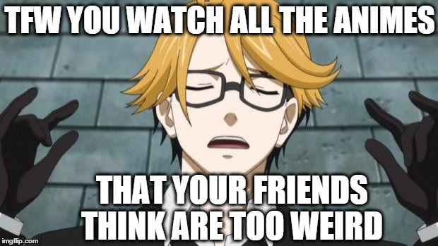 The weirdness is real | TFW YOU WATCH ALL THE ANIMES THAT YOUR FRIENDS THINK ARE TOO WEIRD | image tagged in this is so weird,weird,anime,friends,think,black butler | made w/ Imgflip meme maker